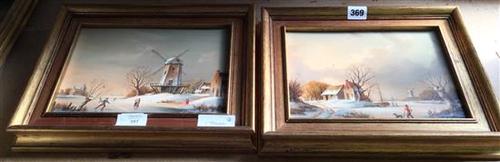 20C Dutch School, oil on panel, Winter landscapes with figures, a pair(-)